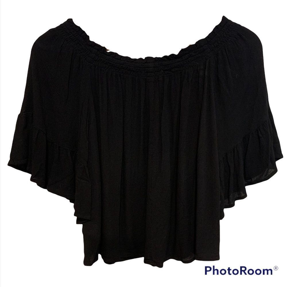 Favlux fashion cropped black flutter sleeve boho peasant top size small
